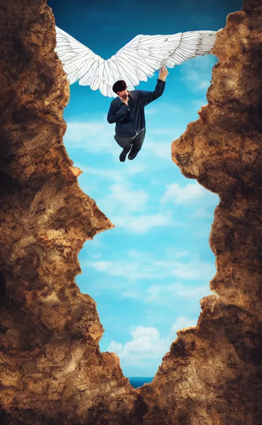 Image similar to a man standing on a cliff ready to jump with his home made wings made out of wood, photorealistic,