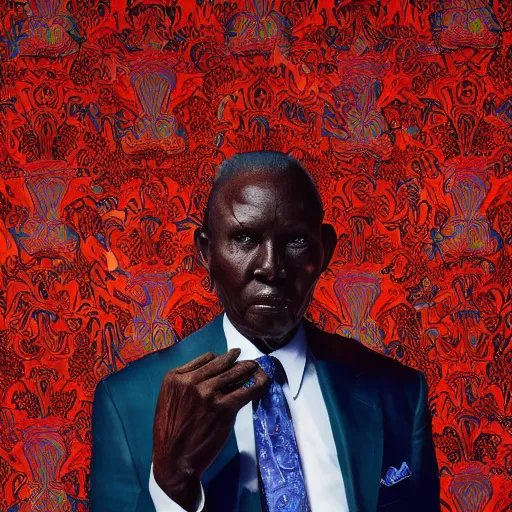 Prompt: a painting of a big wise elder from Kenya in a suit by Kehinde Wiley . dramatic angle, ethereal lights, details, smooth, sharp focus, illustration, realistic, cinematic, artstation, award winning, rgb , unreal engine, octane render, cinematic light, macro, depth of field, blur, red light and clouds from the back, highly detailed epic cinematic concept art CG render made in Maya, Blender and Photoshop, octane render, excellent composition, dynamic dramatic cinematic lighting, aesthetic, very inspirational, arthouse.