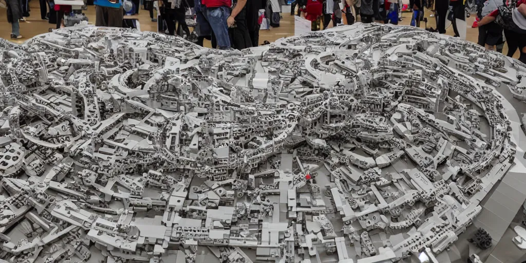 Image similar to wide shot lens photo of a very intricately detailed and epically shaped 3. 5 meter long tifa lockhart lego sculpture designed by a master builder as displayed at a lego convention, low angle shot.