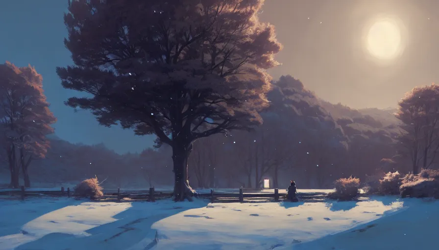 Image similar to highly detailed matte painting of a glistening snowy rural landscape by atey ghailan, by greg rutkowski, by greg tocchini, by james gilliard, by joe fenton, blue, brown, black and light blue color scheme, octane render