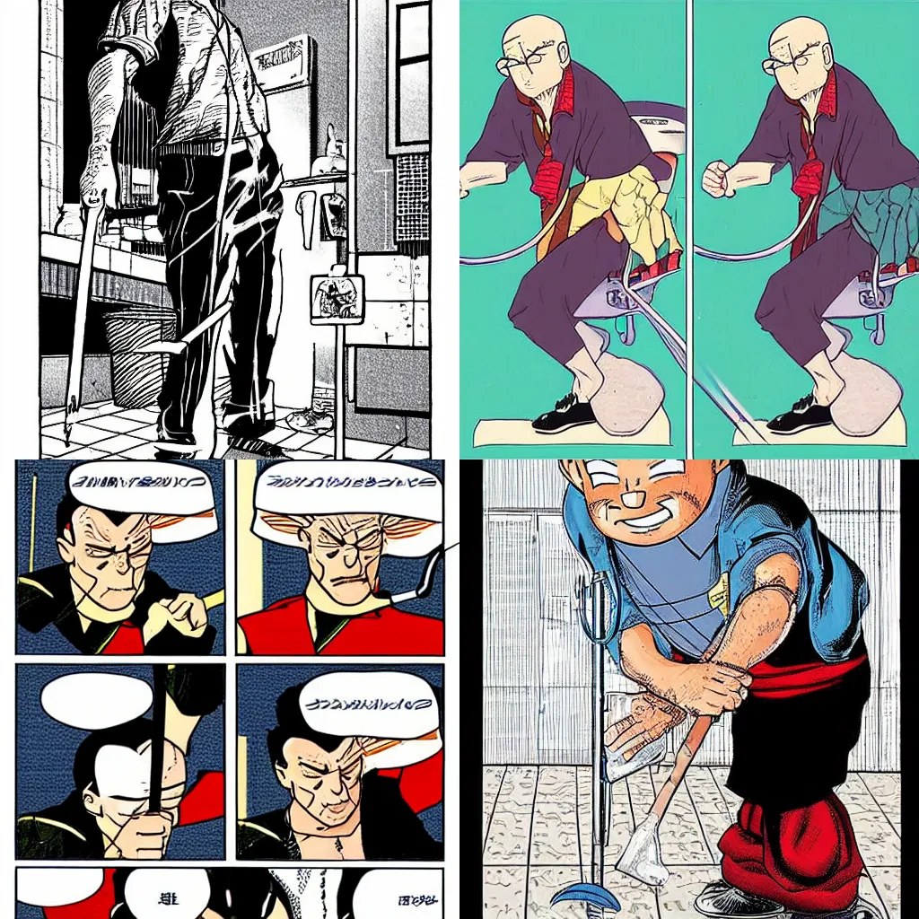 Prompt: ‘comic book style art of an older man with a cane falls in a toilet by Toriyama Akira’