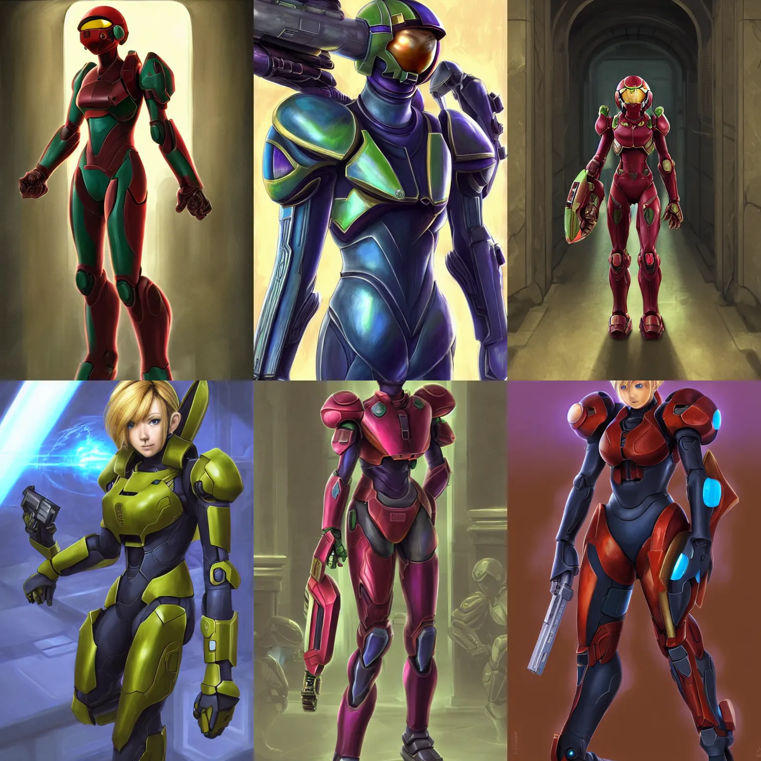 Prompt: character portrait of samus aran from metroid wearing combination halo armor and varia suit walking cautiously with her hand on her gun arm through an ancient temple hallway, 8 k, realistic shading, symmetrical face details, digital painting, matte painting, concept art, illustration, halo infinite, good value control, vibrant colors, john singer sargent