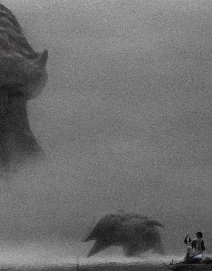 Prompt: very low - resolution found footage of a couple escaping 1 9 8 0 s pyongyang from a starfish kaiju monster, fog, foggy, korean film noir, monochrome, red hue, thriller, underdeveloped, epic, dramatic