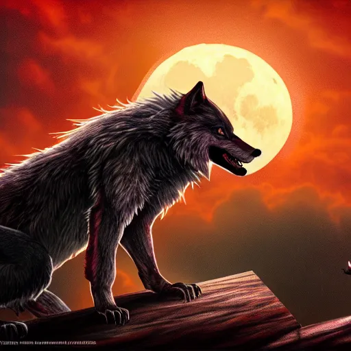 Image similar to werewolf howling to the shiny moon, red sky, 4 k, cinematic composition, dark fantasy, hyper detailed