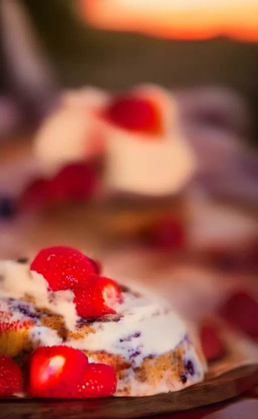 Image similar to A photo of a swedish cake from the side on a wooden table, with cream spread on the sides and strawberries, raspberries and blueberries placed in circles on top. Sunset. 4K. Cinematic lighting. High detail. Realistic. Delicious.