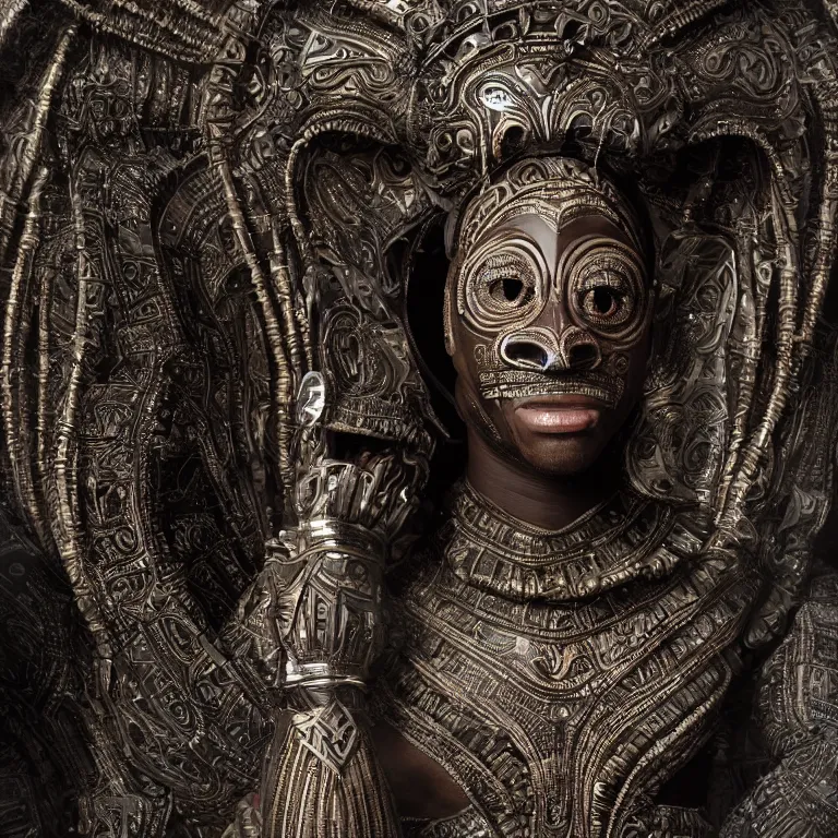 Prompt: hypperrealism octane render portrait by wayne barlow and carlo crivelli and glenn fabry, an afrrican mandinka dancer wearing an elaborate costume and hand - carved mask with intricate painted details emerging from a pool of black shiny ferrofluid inside an ancient roman temple, cinema 4 d, ray traced lighting, very short depth of field, bokeh