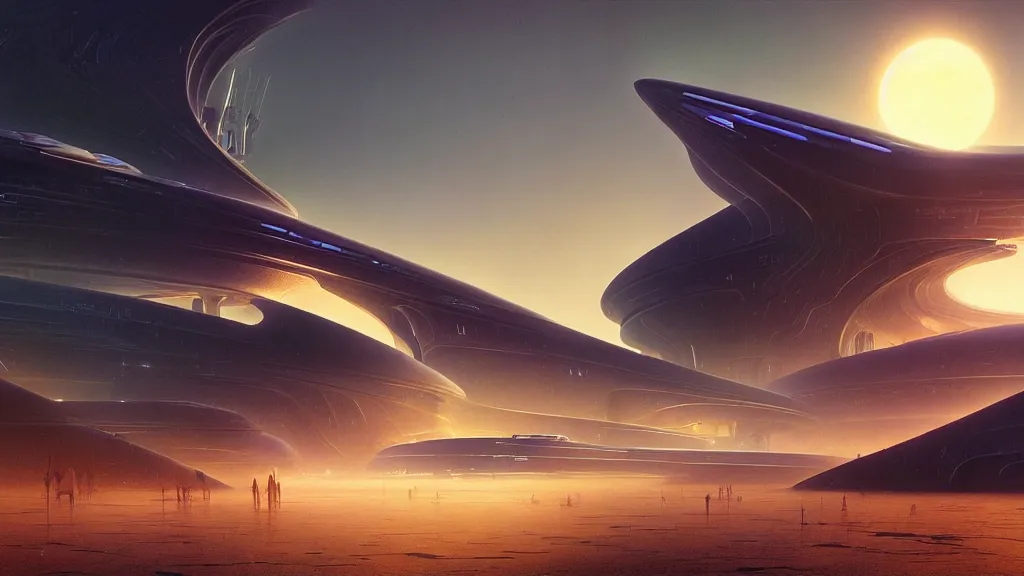 Image similar to digital render space science fiction digital matte painting bruce pennington, zaha hadid, beeple, john schoenher, syd mead