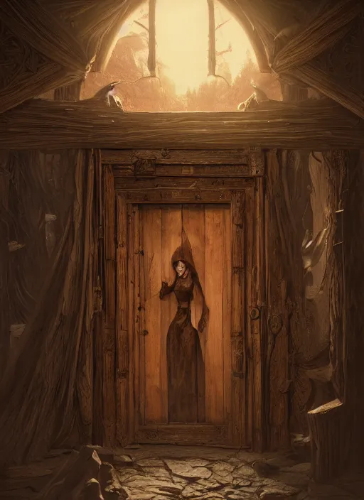 Image similar to a wooden womans faced carved into a wooden door, intricate Details, raphael lacoste, eddie mendoza, alex ross, john howe, concept art, matte painting, highly detailed, rule of thirds, dynamic lighting, cinematic, detailed, denoised, centerd, clean render