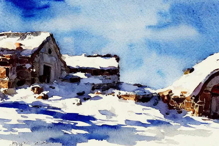 Prompt: small centered on watercolor paper, paint brush strokes, abstract watercolor painting of ancient viking house ruins in snow, daylight, blue sky, cinematic light, national romanticism by hans dahl, by jesper ejsing, by anders zorn, by greg manchess, by tyler edlin