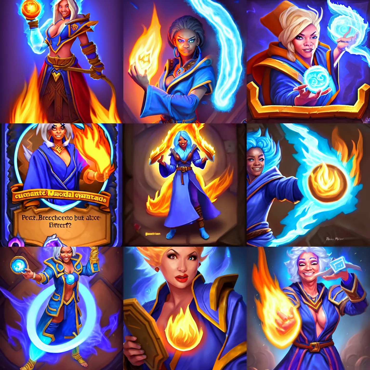 Prompt: Who : a mage with a blue robe casting a fire ball; Physical : Beverly Paige exact same body ; IMPORTANT : Hearthstone official splash art, award winning, trending in category \'perfect drawing\'