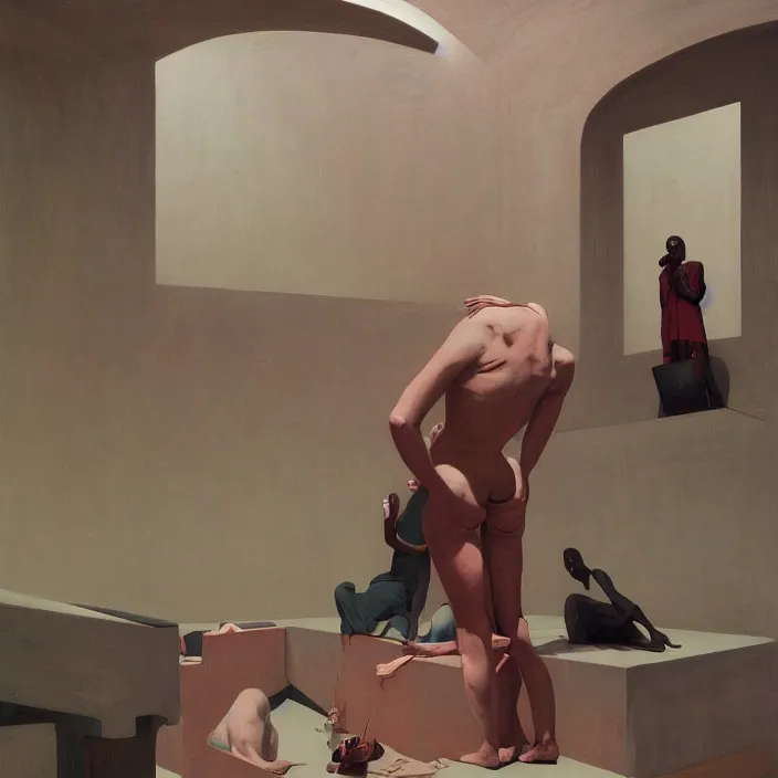 Image similar to the disinvention of time, liberation, by edward hopper and james gilleard, zdzislaw beksinski, open ceiling, highly detailed, black people, painted by francis bacon, painted by james gilleard, surrealism, airbrush, ilya kuvshinov, wlop, stanley artgerm, very coherent, art by takato yamamoto and james jean