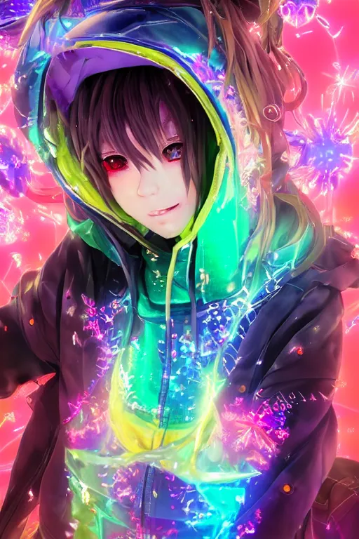 Prompt: portrait of an 3d anime character with cute sparkly eyes wearing a psychedelic holographic hoodie long hair with pastel colors in the style of code vein by Kurumi Kobayashi Koichi Itakura, 3d anime, octane render, dynamic dramatic lighting with glitch and chromatic abbreviations artstation cgsociety imaginefx by anime concept artist rendered in unreal engine by WENJR WLOP artgerm