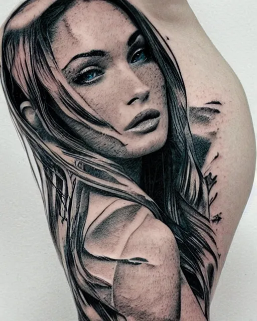 Prompt: artistic double exposure effect tattoo design sketch of megan fox with beautiful mountains, realism tattoo, in the style of andrey lukovnikov, amazing detail, sharp