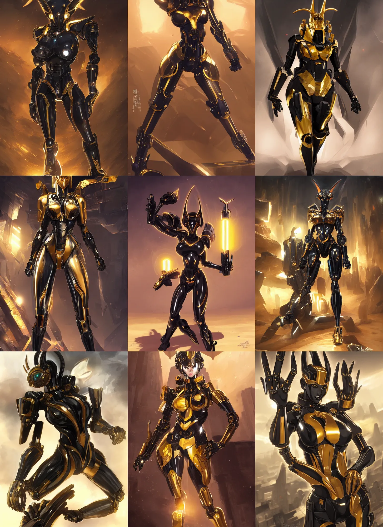 Prompt: female anubis wearing black and gold cybertech mecha, buxom, wide hips, character art by stanley artgerm lau, wlop, rossdraws, james jean, andrei riabovitchev, marc simonetti, and sakimichan, trending on artstation