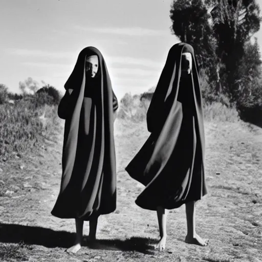 Prompt: black and white, award winning photo, levitating twin nuns, wearing swimsuit, the nuns have Very long arms, in a sanctuary, eerie, frightening —width 1024 —height 1024