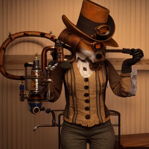 Image similar to 3D photorealistic render of a steampunk taxidermist, connected trough wired, on a advanced lab, octane render, 4k, unreal 5, very detailed, trending on artstation