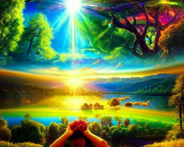 Prompt: psychedlic realistic 16k footage, serene beautiful landscape photography of the garden of eden. lake reflections in the foreground, fruit tree's and animals everywhere. sun rays shining through the trees. lens flare. sunset, dramatic lighting by Marc Adamus gyuri lohmuller Ivan Shishkin. lsd trip.