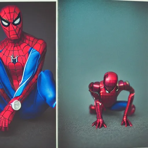 Image similar to a single iron man and spider - man hybrid, dslr, polaroid