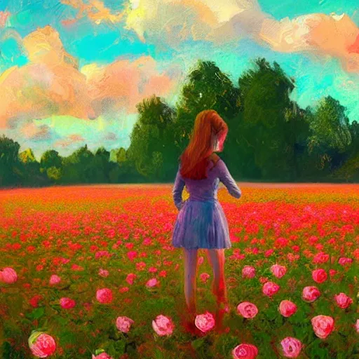 Prompt: large rose face, girl standing in a flower field, surreal photography, sunrise dramatic light, impressionist painting, colorful clouds, digital painting, artstation, simon stalenhag