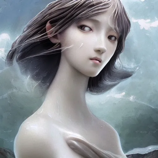 Image similar to “a delicate renaissance marble sculpture covered with water veil, highly detailed transparent marble cloth, a beautiful girl with long black hair in, island background, intricate, highly detailed, digital painting, artstation, official media, anime key visual, concept art, rich vivid colors, ambient lighting, sharp focus, illustration, art by Artgerm, Makoto Shinkai, Ilya Kuvshinov, Lois Van Baarle, and Rossdraws, gi, global illumination, physically based rendering, photorealistic, top light , dark background”