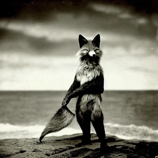 Prompt: anthropomorphic fox who is a medieval knight standing steadfast towards a stormy ocean, 1930s film still