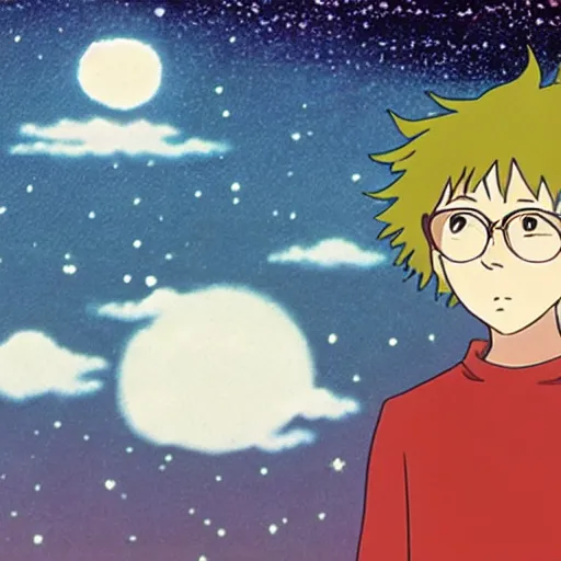 Prompt: a shaggy teen with glasses floating in the cosmos by studio ghibli