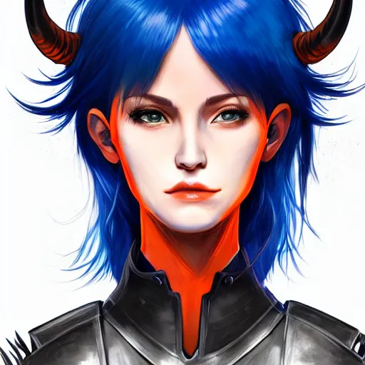 Image similar to illustrated realistic tilted head portrait human female prong-horned with blue bob hair and solid black-eyes wearing strap leather armor, orange glow, backlit by rossdraws