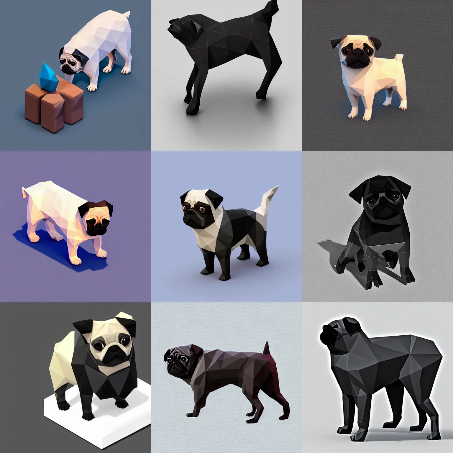 Prompt: Matte 3d low poly icon of a pug, isometric perspective on pure white background, 3D render, lat lighting