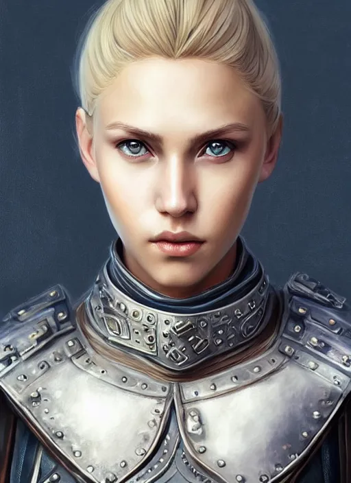 Prompt: leather armored full - body portrait of slavic young woman warrior, front, symmetrical, extremely detailed face, beautiful face, blonde hair, blue eyes, digital painting, true anatomy, by valerian city of a thousand planets, by ruan jin #, by mandy jurgens #, by artgerm #, william - adolphe bouguerea #