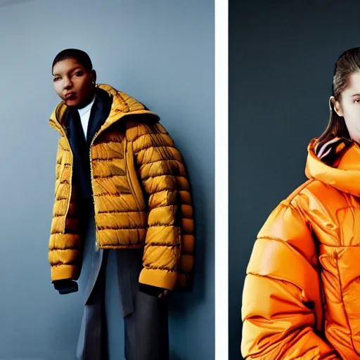 Image similar to realistic photoshooting for a new balenciaga lookbook color film photography portrait of a beautiful woman model, model wears a puffer jacket, photo in style of tyler mitchell, wes anderson