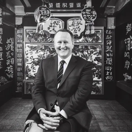 Image similar to a beautiful studio photo portrait of john key in chinatown, happy and smiling