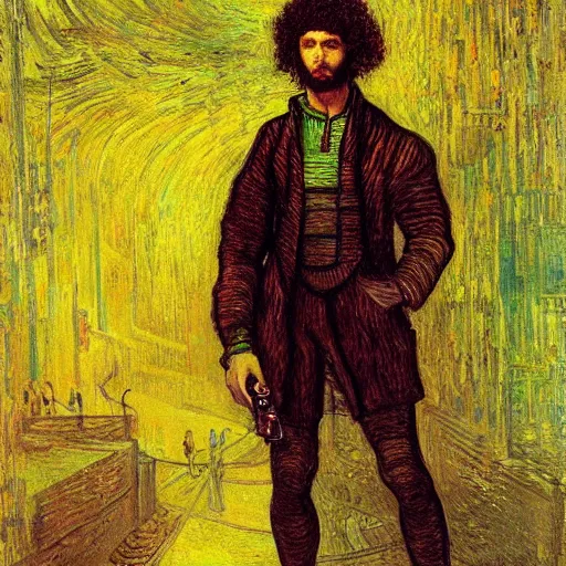 Prompt: a beautiful cyberpunk painting of a curly-haired persian guy in a futuristic world by Leonardo DaVinci and Vincent Van Gogh and Salvador Dali