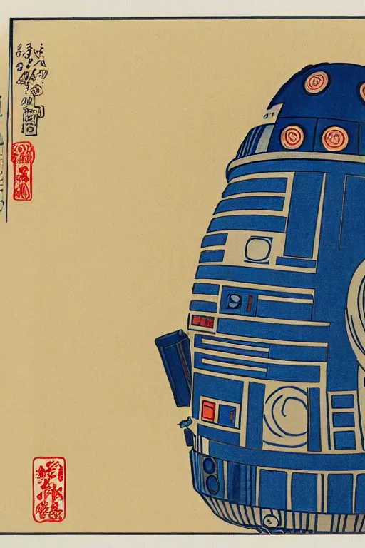 Image similar to Japanese woodblock print of r2d2, hokusai