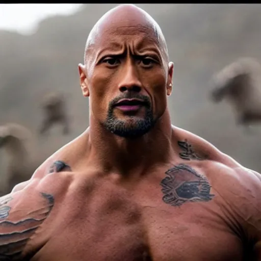 Prompt: dwayne johnson as a ninja fights multiple kangaroos