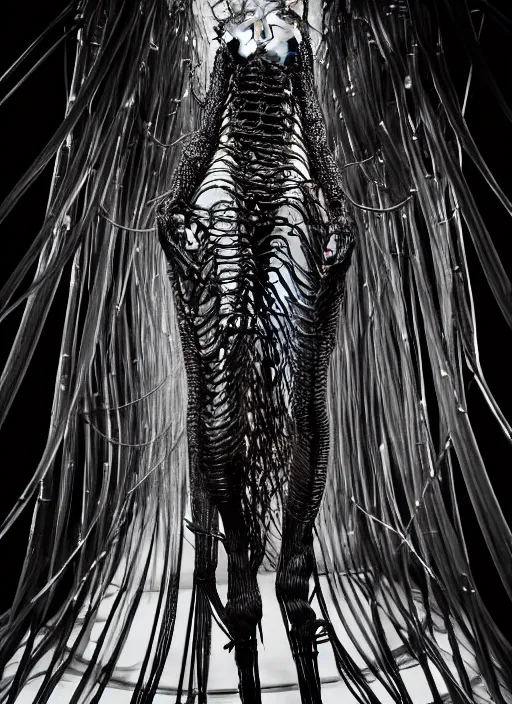 Prompt: walking down the catwalk, ben watts, show, stage, vogue photo, podium, fashion show photo, historical baroque dress dark, iris van herpen, beautiful woman, masterpiece, intricate, biopunk, vogue, full body shot, alien, plant predator, guyver, giger, wires, tubes, veins, jellyfish, white biomechanical details, highly detailed