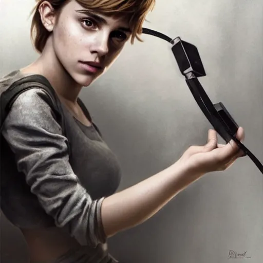 Image similar to a girl who is a mix of emma watson and scarlett johansson and nathalie portman, plugging herself to a computer through an usb cable and a port in her arm, very detailled, by david rutkowski and artgem