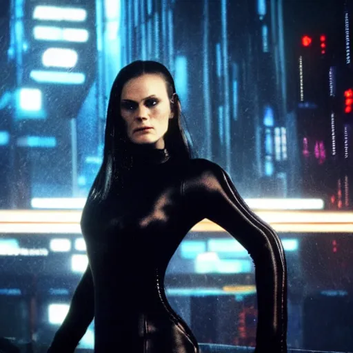 Image similar to anna paquin starring in a cyberpunk movie in a distopic futuristic city in the style of bladerunner, wearing a black catsuit, holding a gun, movie still, highly detailed, rainy night, volumetric lights, studio lighting, dramatic, scifi, sharp focus, ground mist