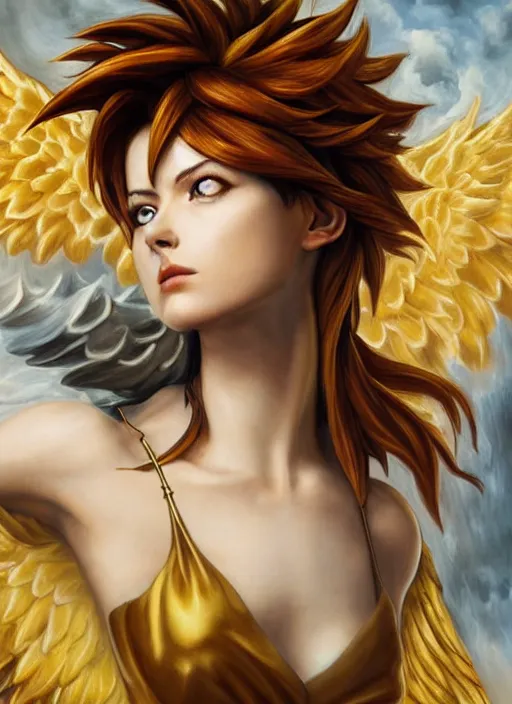 Image similar to full body oil painting of tracer overwatch in the style of evelyn de morgan, angel wings, dramatic painting, symmetrical composition, wearing gold detailed choker, golden chains, detailed face and eyes,