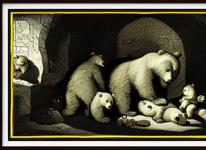 Image similar to Pieter Claesz's 'a bear and her cubs sleeping in a dark cave, lit by hole in roof', night time, cross hatching, framed, monochrome, yellow