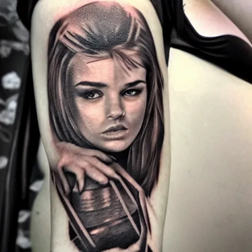 Prompt: girl with tattoo, realistic detailed shading, photo, robin elay