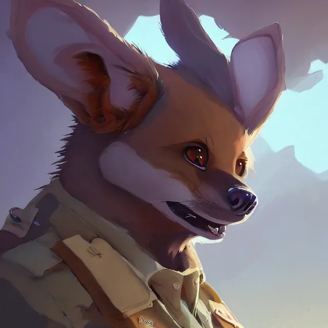 Image similar to a beautiful painting of a handsome anthropomorph brown hyena furry fursona wearing an uniform. character design by cory loftis, fenghua zhong, ryohei hase, ismail inceoglu and ruan jia. artstation, volumetric light, detailed, photorealistic, rendered in octane