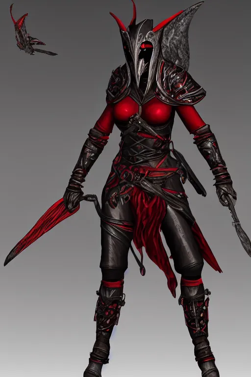 Image similar to female adventurer in tight full - body ebony leather armor of dunmer design with dark red cloth underneath and with a red porcelain crow mask, trending in artstation, establishing shot