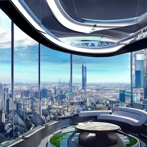 Prompt: futuristic penthouse view on city flying cars