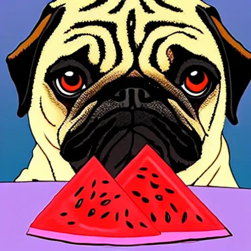 Image similar to pug in heaven eating watermelon in the style of michaelangelo