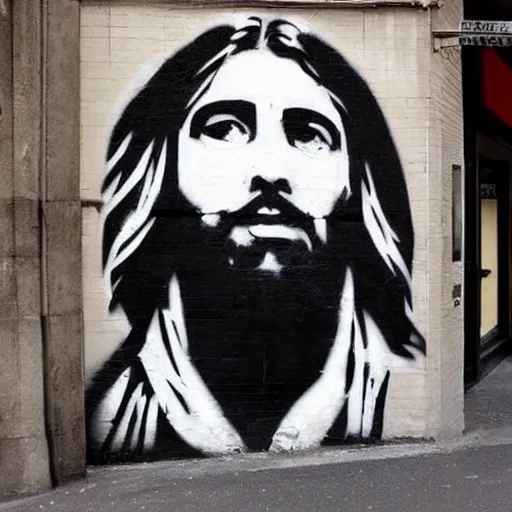 Image similar to Street-art portrait of Jesus in style of Banksy, photorealism