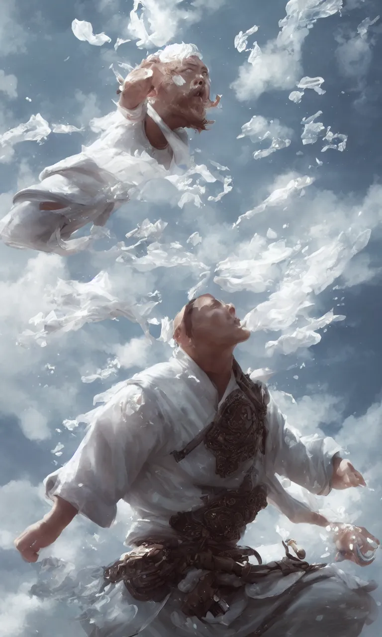 Image similar to a white dressed samurai, diving in the air rounded by jelly clouds made by Stanley Artgerm Lau, WLOP, Rossdraws, ArtStation, CGSociety, concept art, cgsociety, octane render, trending on artstation, artstationHD, artstationHQ, unreal engine, 4k, 8k