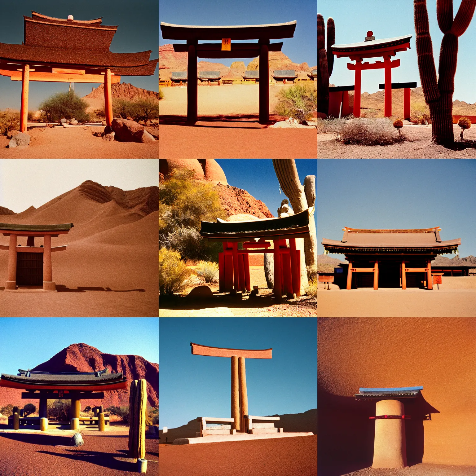 Prompt: a very large shinto shrine made of adobe clay in the desert southwest, late morning, kodak gold 200, 200mm lens, film grain, perspective correction, color bleed, heat waves, volumetric lighting