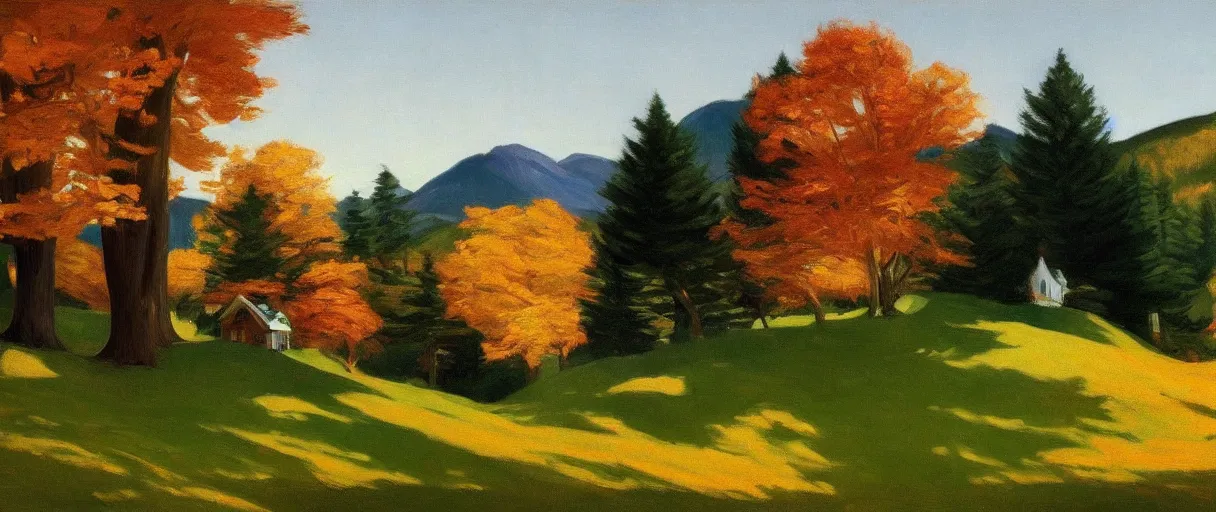 Image similar to a highly detailed, 4 k, alpine landscape with a cottage, dense trees, fall, by edward hopper, new artstation artist,