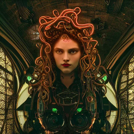 Image similar to Cyberpunk medusa, dark atmosphere, cinematic shot, intricate, ornate, photorealistic, ultra detailed, realistic, 35mm, photography, neon, octane, high definition, depth of field, bokeh, 8k, artstation, ((alphonse mucha))