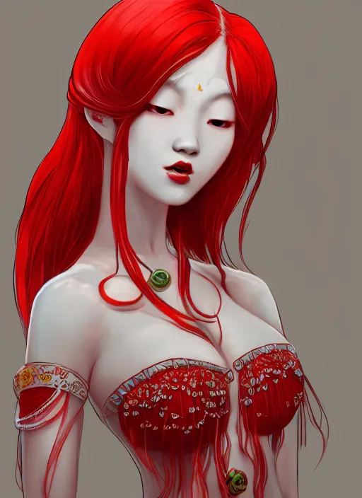 Image similar to albino maiko as a mermaid, fluent composition, red and white neon, concept art, ambient light, 4 k, intricate details, highly professionally detailed, cgsociety, highly detailed -